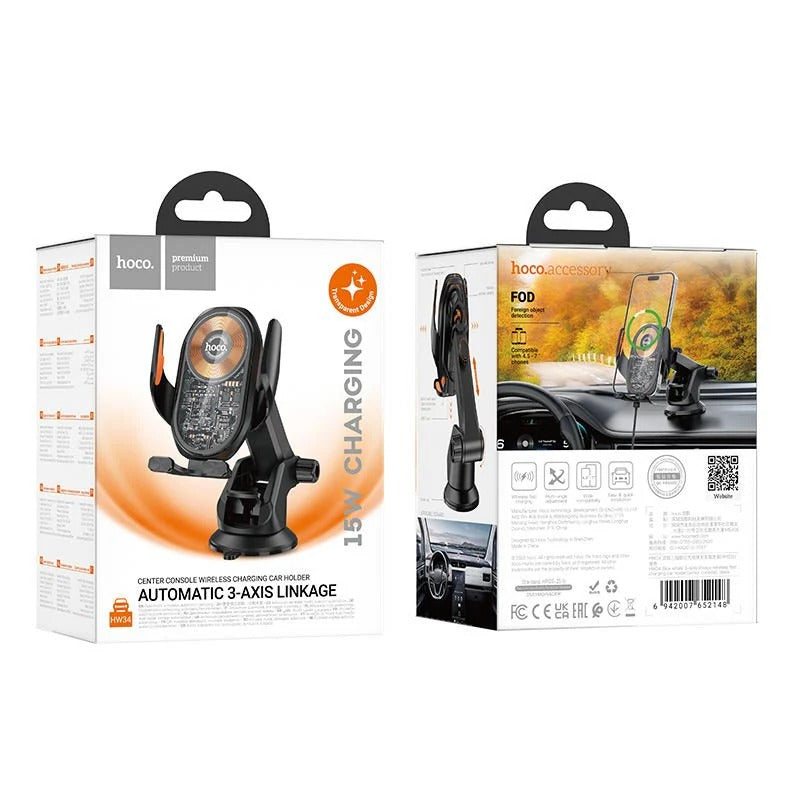 Wireless Charging Car Holder – 15W Fast Charge Auto-Clamp Phone Mount